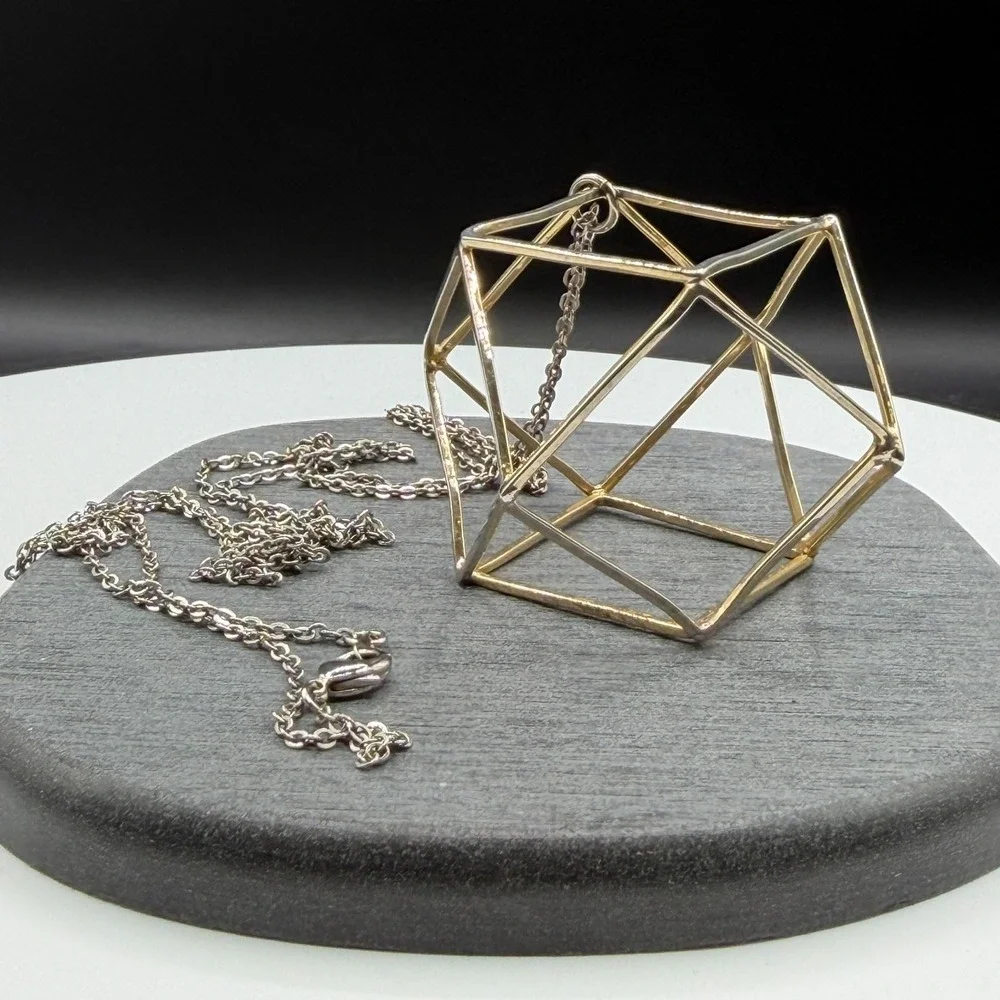 Two Tone Geometric Cube Pendant Necklace 3D Wireframe Modernist Statement Gift